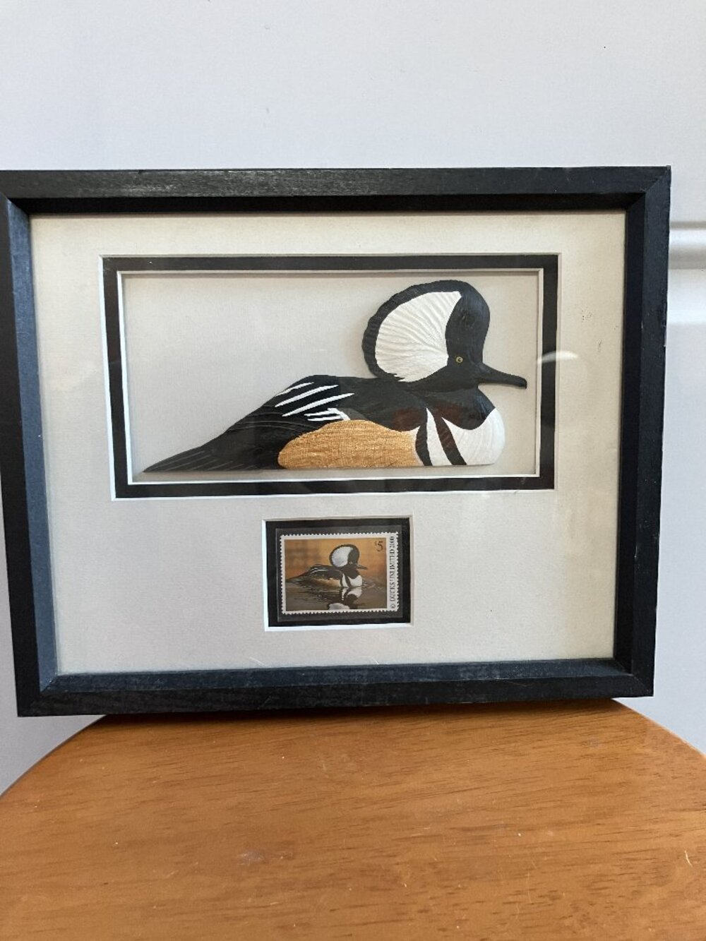 Vintage Ducks Unlimited Hooded Merganser Wood Craving with Stamp Display Frame
